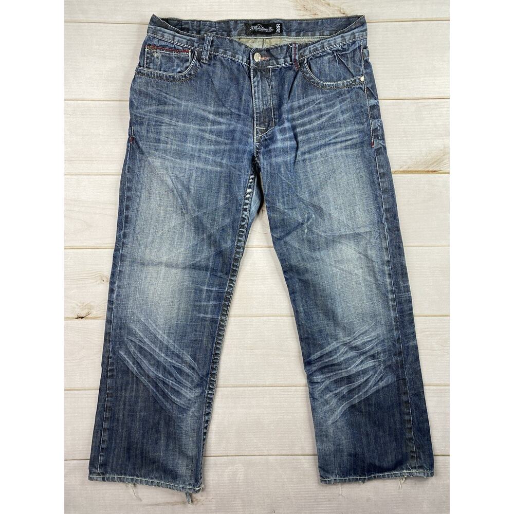 Manchester Jeans Mens 38R Dark Wash Denim 100% Cotton Distressed Embroidered